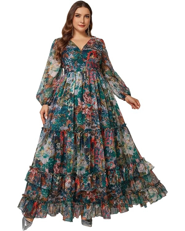 Spring Summer 2024 Plus Size Womens Dresses V Neck Casual Elegant Long Sleeve Floral Print Formal... | Amazon (US)