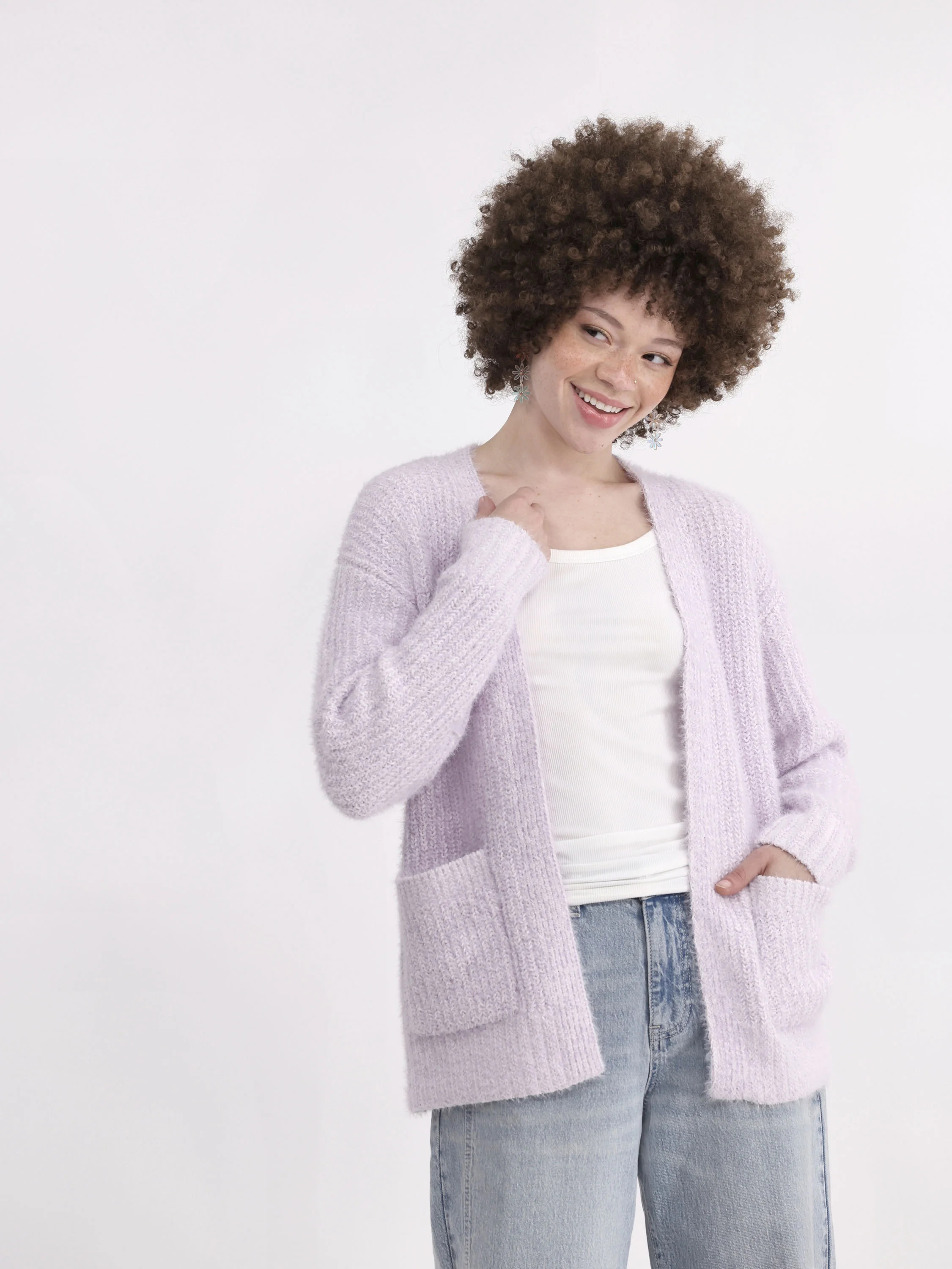 No Boundaries Shaker Open-Front Cardigan with Pockets, Women's | Walmart (US)