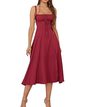 Floral Midi Corset Dress Wedding Guest Flowy Slit Lace Up Dresses for Women Tea Party A Line Casu... | Amazon (US)