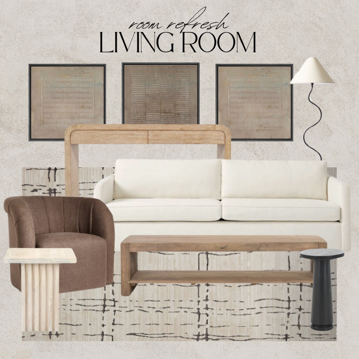 Living room refresh! From west elm, Wayfair, Amazon and more! Oak coffee table, black marble table, brown accent chair, squiggle lamp, travertine table, modern wall art, modern organic decor

#LTKhome #LTKfindsunder100 #LTKSeasonal