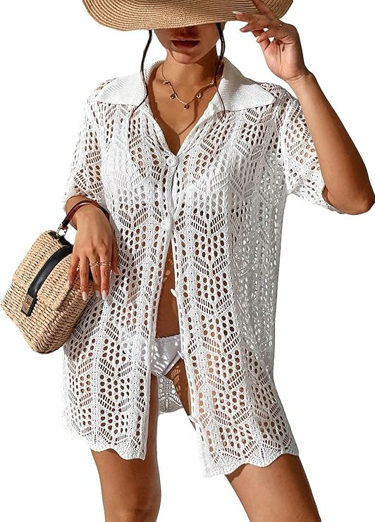 GORGLITTER Women's Crochet Cover Up Dress Button Down Short Sleeve Beach Swimsuit Coverup Dresses | Amazon (US)