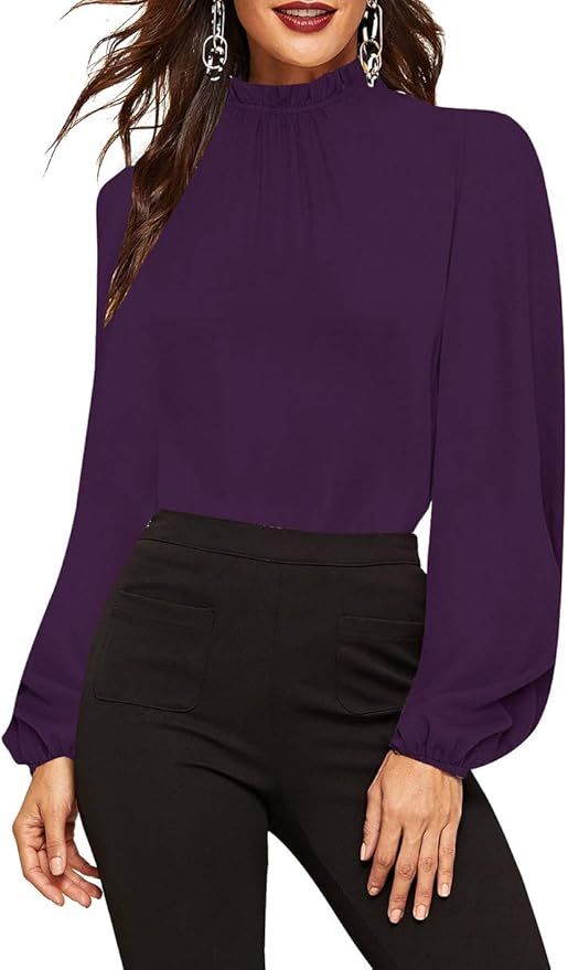 Romwe Women's Elegant Printed Stand Collar Long Sleeve Workwear Blouse Top Shirts | Amazon (US)