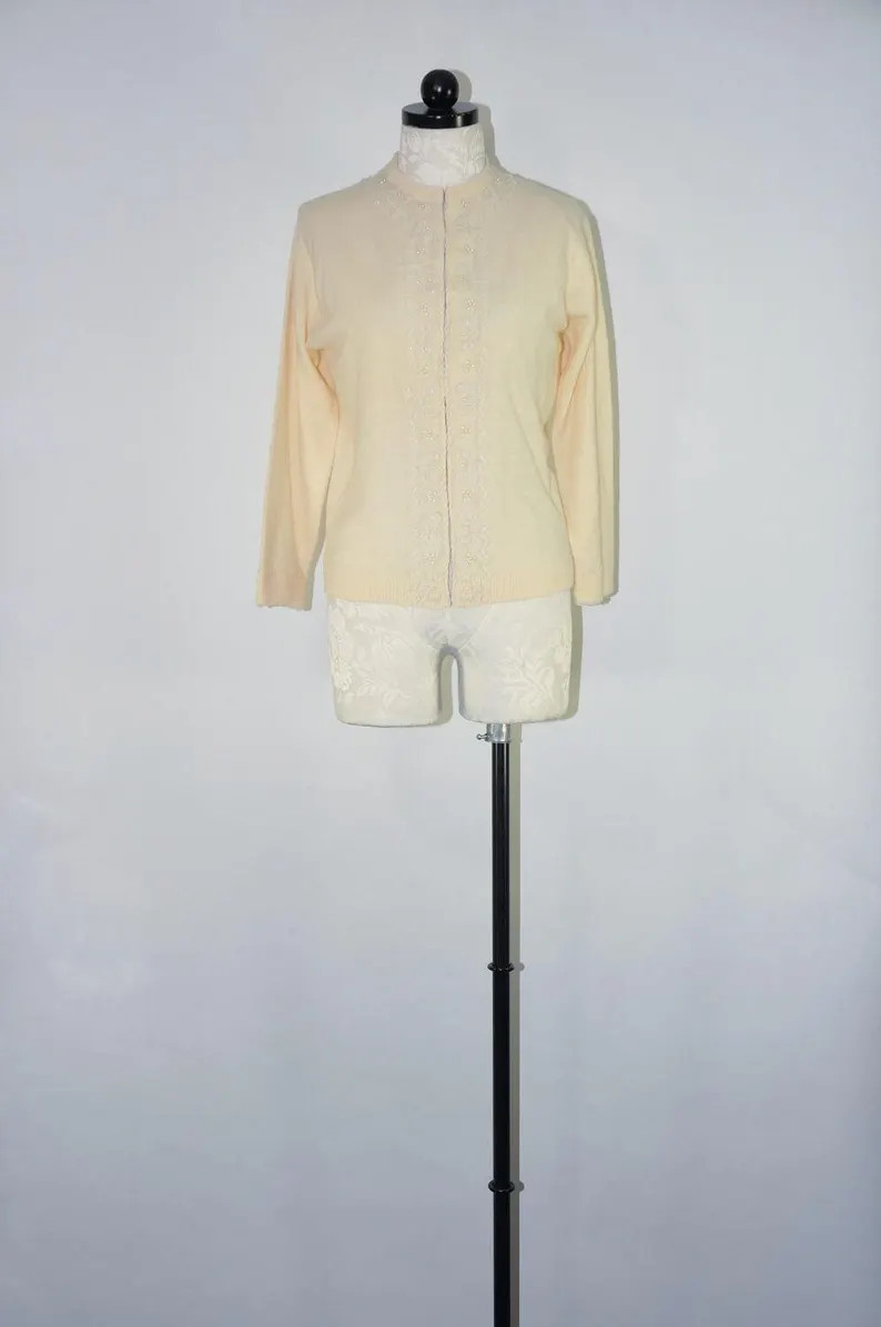 60s cream lambswool knit beaded cardigan / 1960s embellished angora button front sweater | Etsy (US)