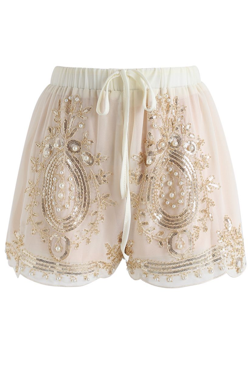 Shinning Pearls Trimming Chiffon Shorts in Cream | Chicwish