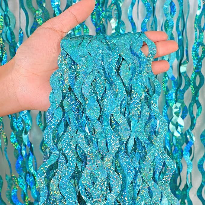 4 Pack Teal Aqua Blue Wavy Foil Fringe Curtains Party Decorations - 3.3 ft x 6.6 ft Sparkle Strea... | Amazon (US)