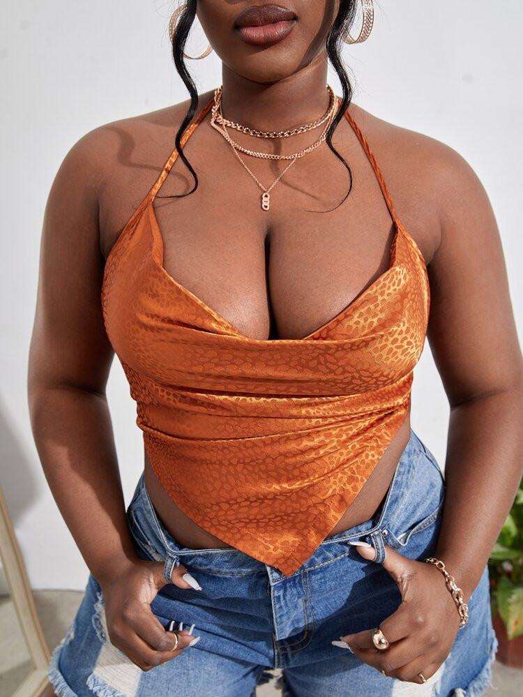 SHEIN SXY Plus Satin Draped Asymmetrical Hem Tie Back Halter Top | SHEIN