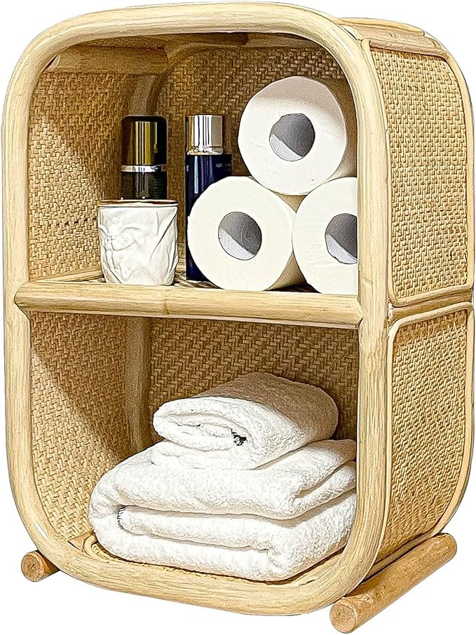 Rattan Storage Shelf For Bathroom- Cute Open Wicker Storage Shelves - Handmade Standing Bathroom ... | Amazon (US)