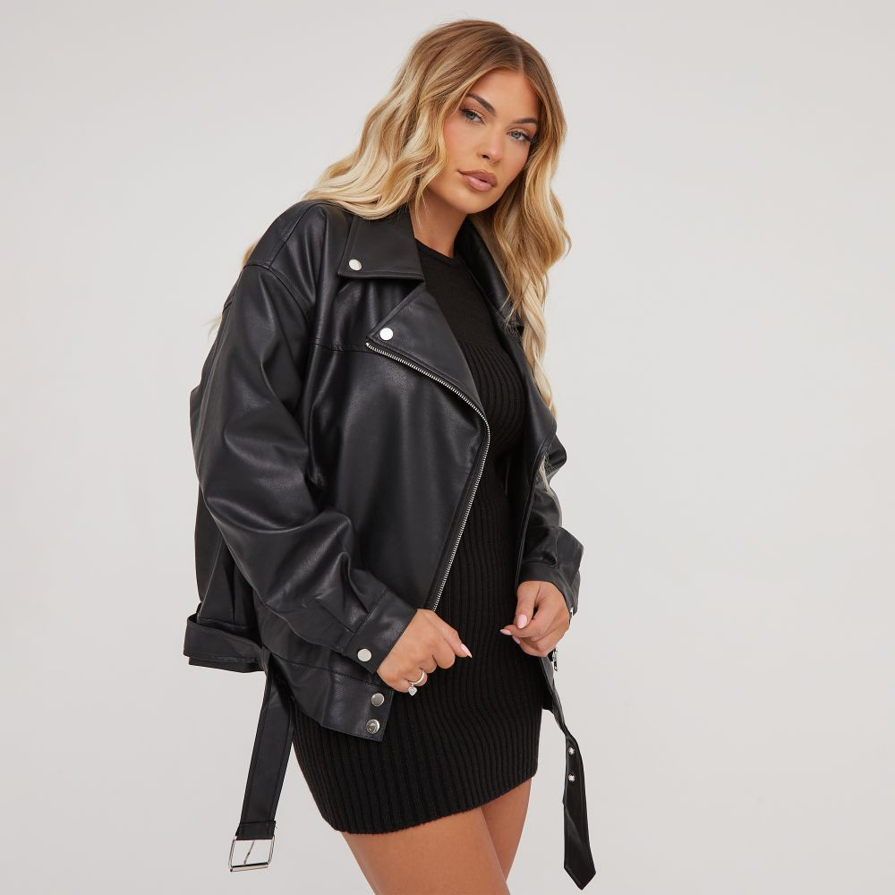 Zip Belt Detail Oversized Biker Jacket In Black Faux Leather | EGO Shoes (US & Canada)