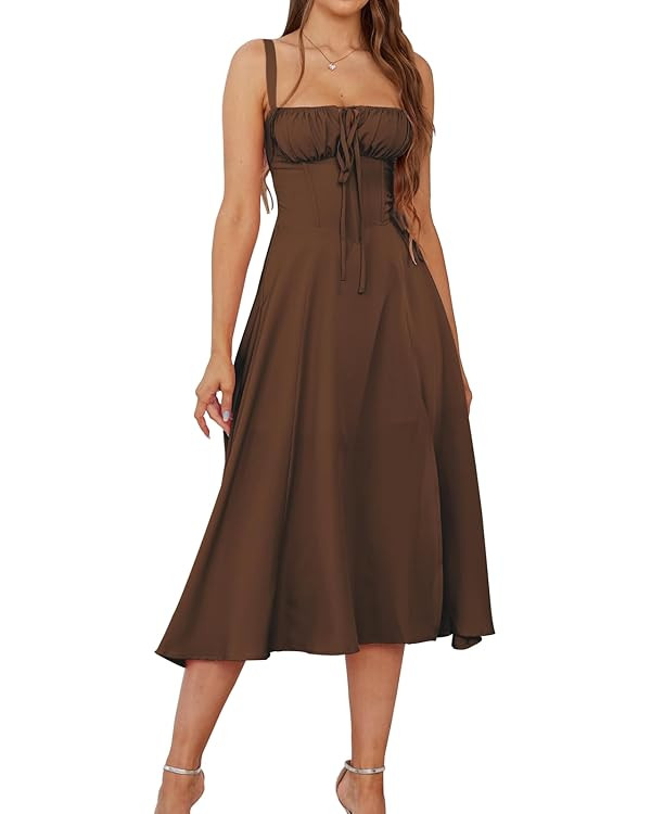 Floral Midi Corset Dress Boho Flowy Slit Lace Up Dresses for Women Going Out A Line Casual Sundre... | Amazon (US)