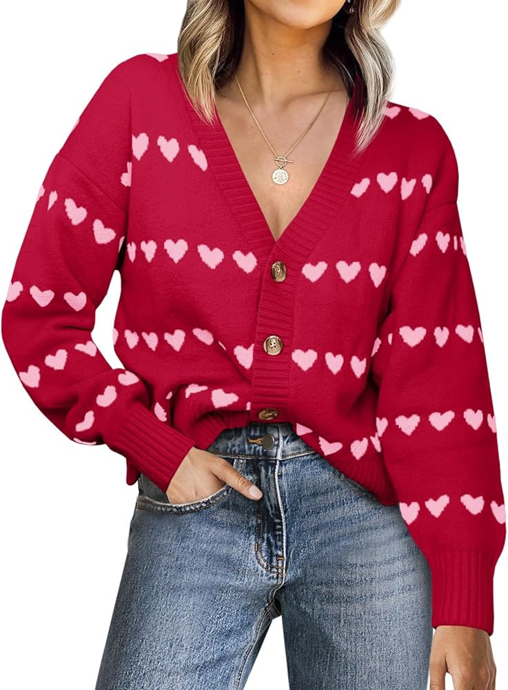 Saodimallsu Womens Heart Cardigan Sweaters Valentines V Neck Button Down Long Sleeve Knit Striped... | Amazon (US)