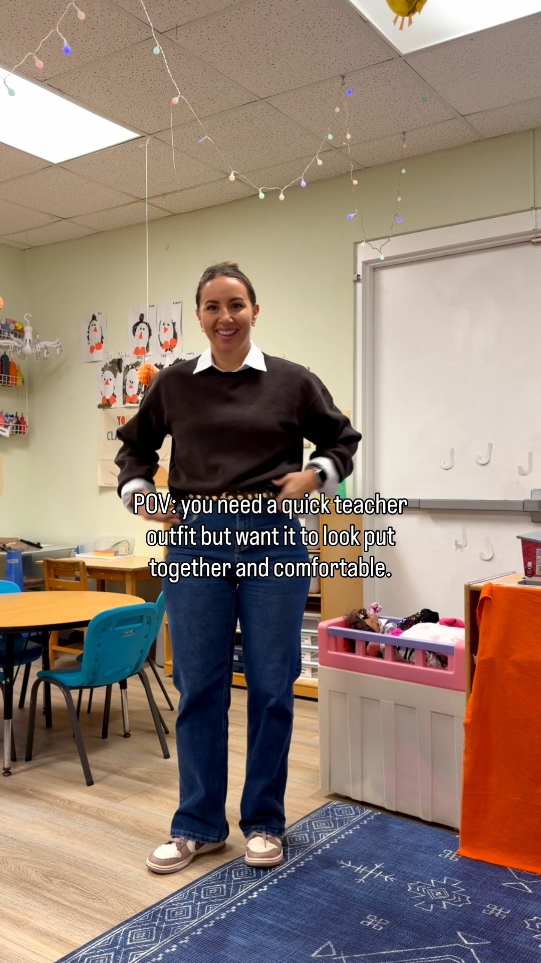 Make the outfit cute but comfortable. I love this sweater but wanted to dress it up a little so I added the best collared shirt under. 
It may not look comfortable for Pre K but trust me, I wouldn’t be uncomfortable all day! 

#LTKWorkwear #LTKgrwm #LTKootd