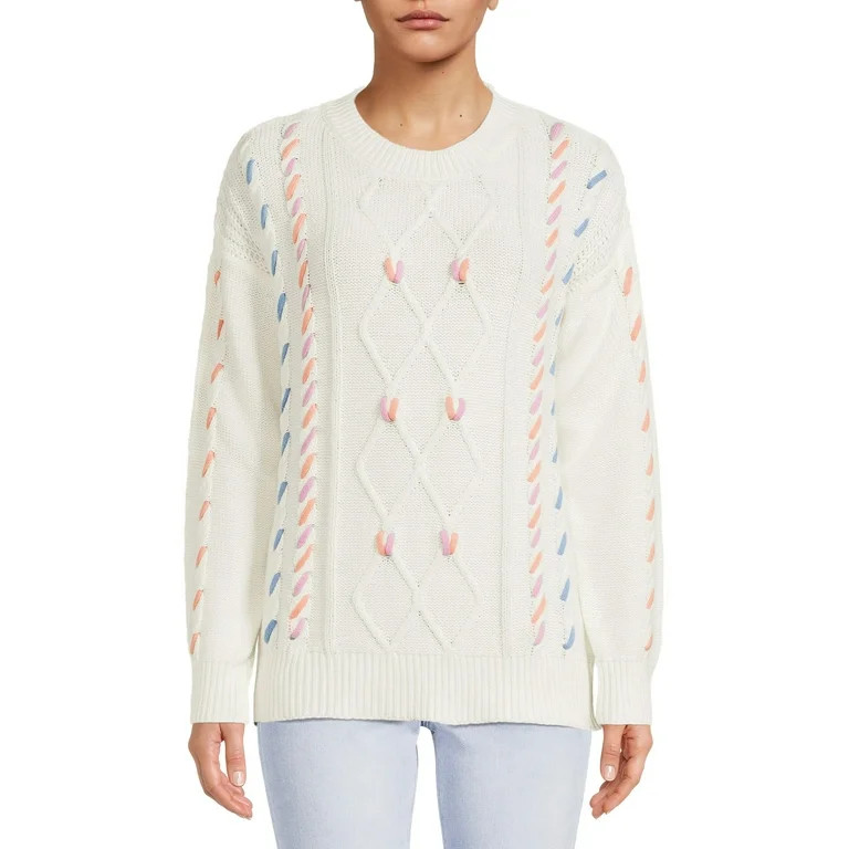 Time and Tru Women's Long Sleeve Crewneck Embroidery Sweater | Walmart (US)
