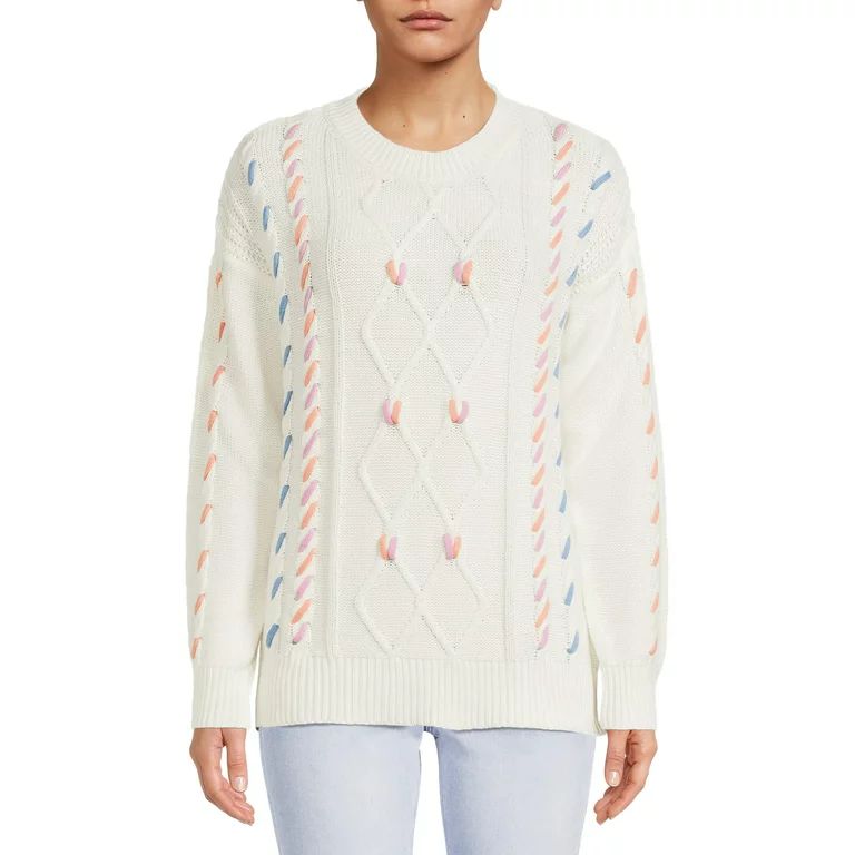 Time and Tru Women's Long Sleeve Crewneck Embroidery Sweater | Walmart (US)