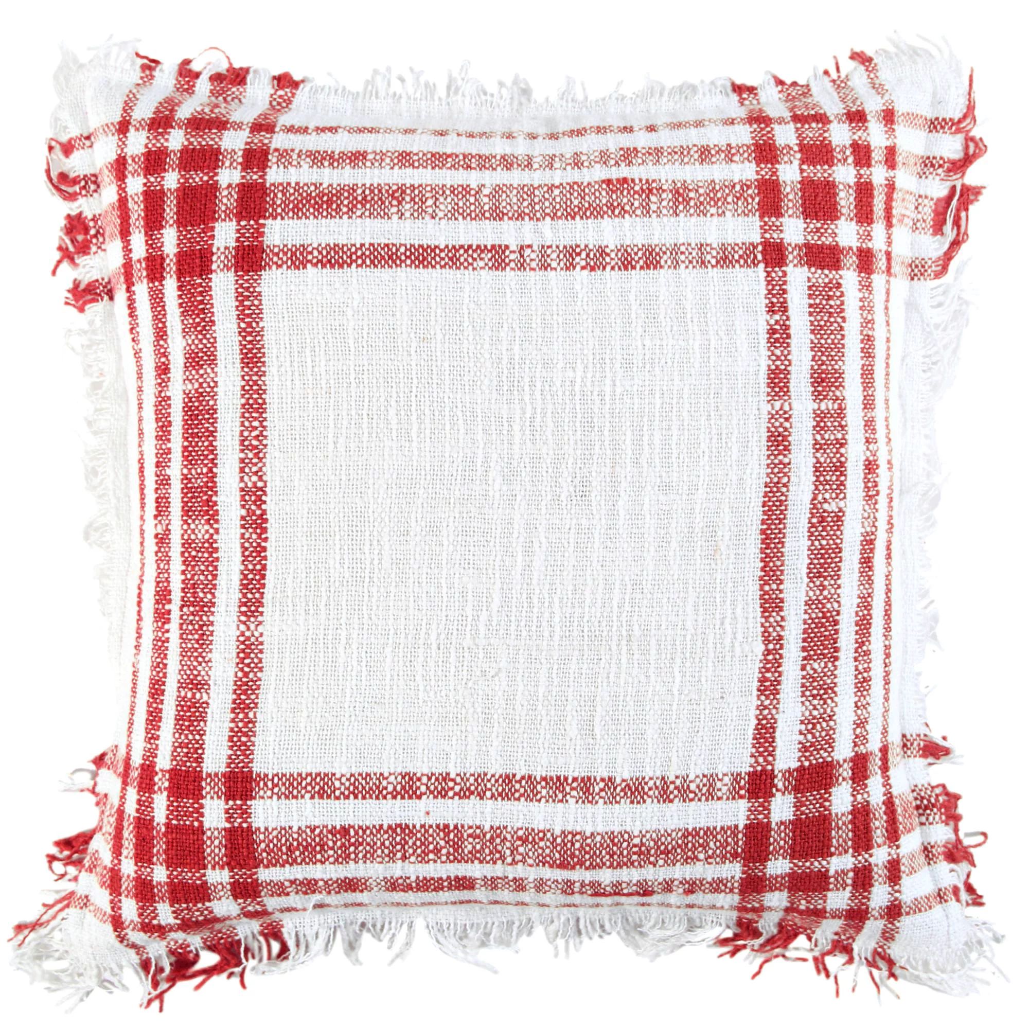Rizzy Home Woven Plaid With Self Fringe Cotton Poly Filled Decorative Throw Pillow, 18"x18", Whit... | Walmart (US)