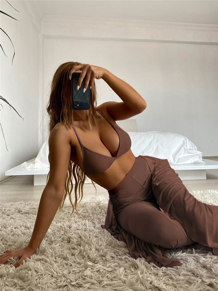 3pack Triangle Bikini Swimsuit With Cover Up Pants | SHEIN