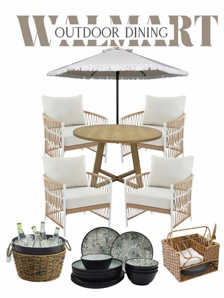 Outdoor dining 
Table and chair set
Fringe edge umbrella (available in black or white )
Melamine dinnerware set 
Ice bucket 
Woven silverware caddy 



#outdoor #outdoordining #outdoorentertaining #walmart #walmarthome 

#LTKSeasonal #LTKhome #LTKfamily