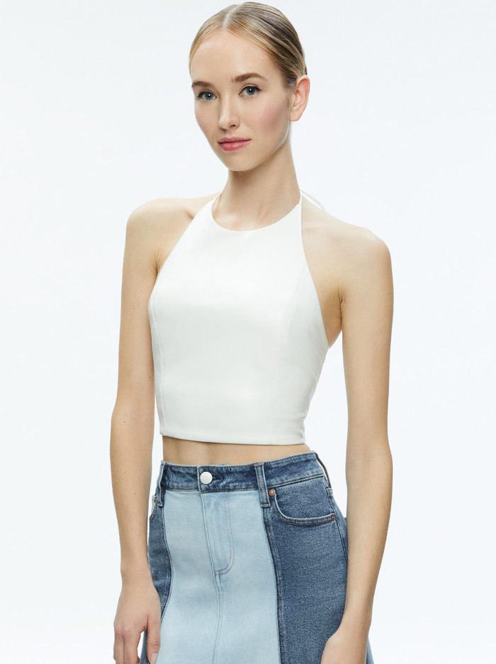 JAYMEE VEGAN LEATHER CROPPED  HALTER TOP | Alice + Olivia