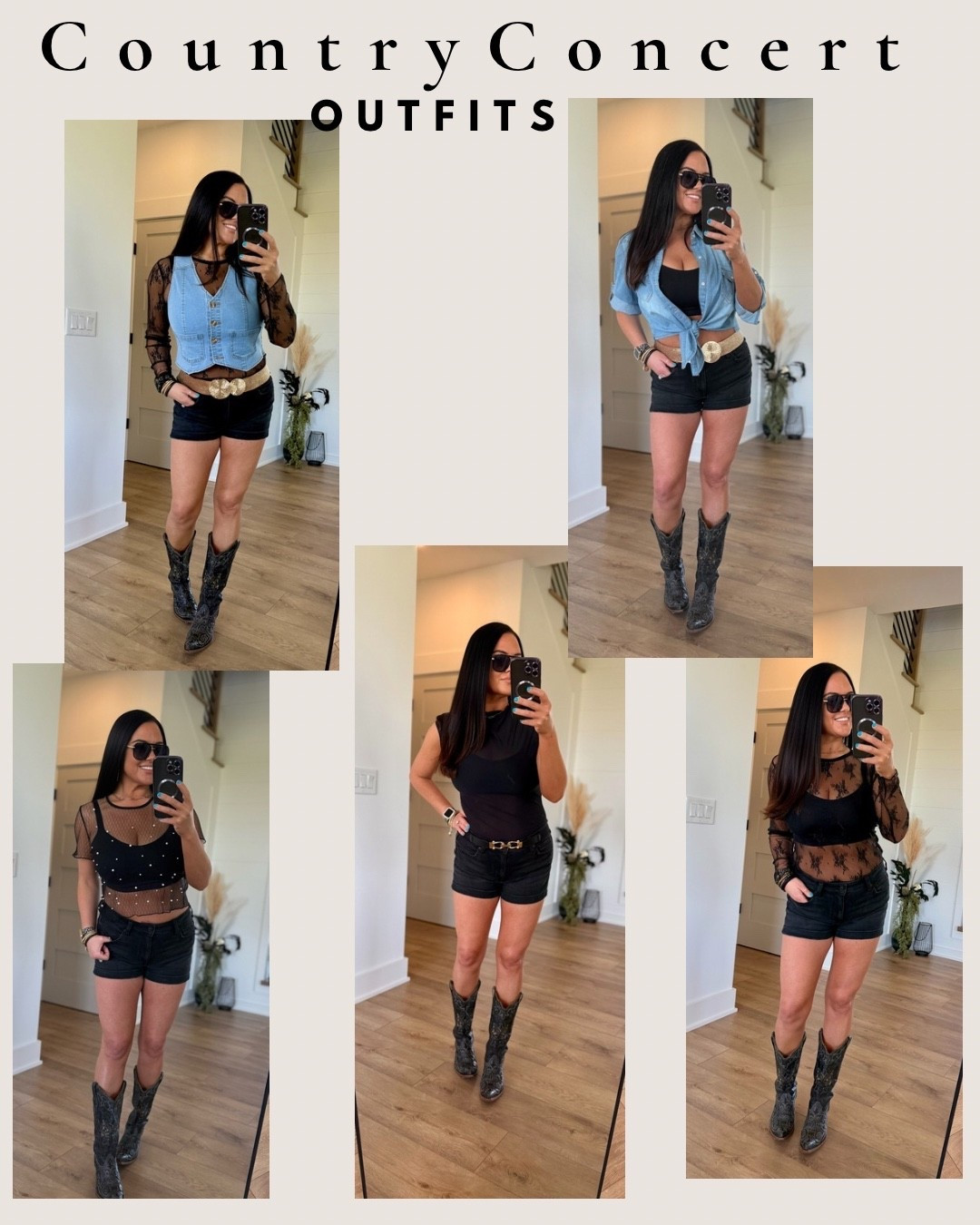 Country concert outfit inspo 🤠🖤 black denim shorts, cowboy boots, western belt, mesh tops, denim vest, and edgy concert looks you can mix & match all summer 🔥 perfect for country concerts, festivals, Nashville trips & girls night outfits

#countryconcertoutfits #westernstyle 

#LTKU #LTKootd #LTKMidsize