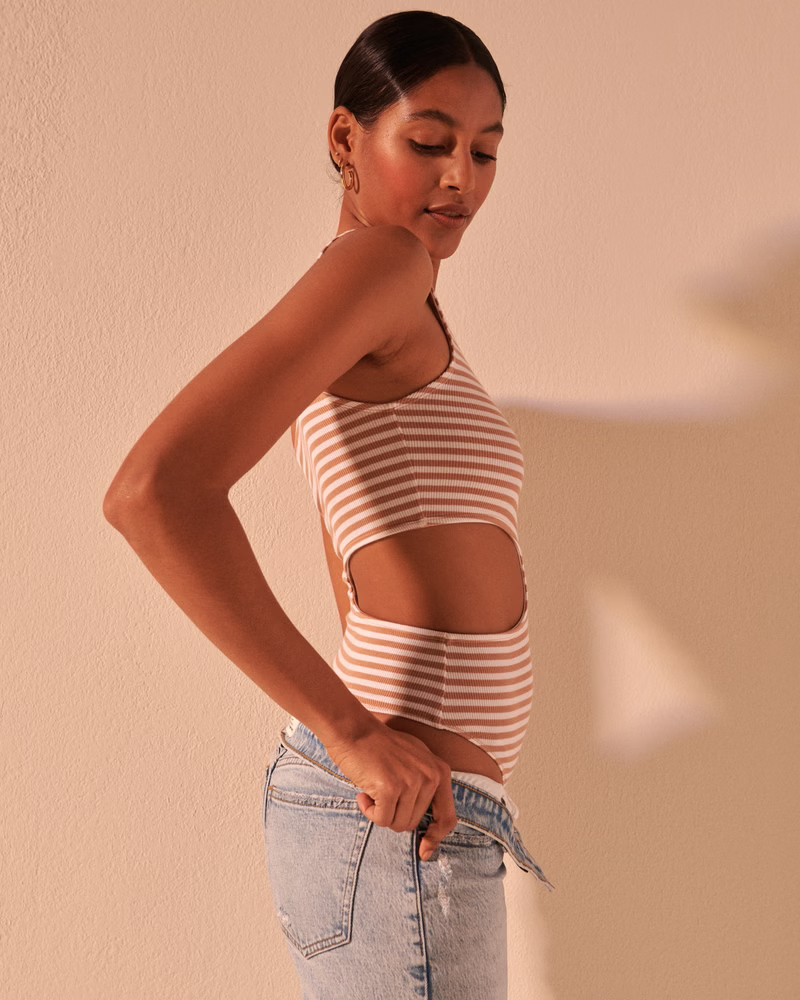 Striped Asymmetrical Cutout Bodysuit | Abercrombie & Fitch (US)