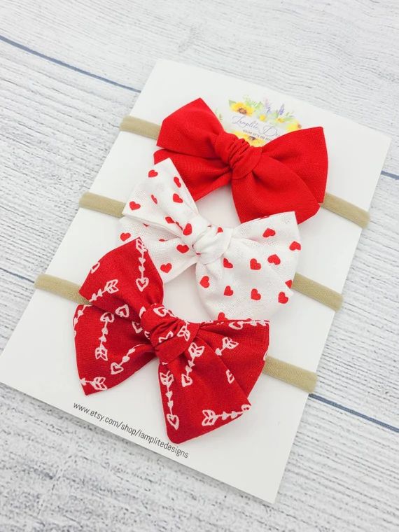 Red Hearts Fabric Hair Bows  Valentine's Day Hair Bows  | Etsy | Etsy (US)