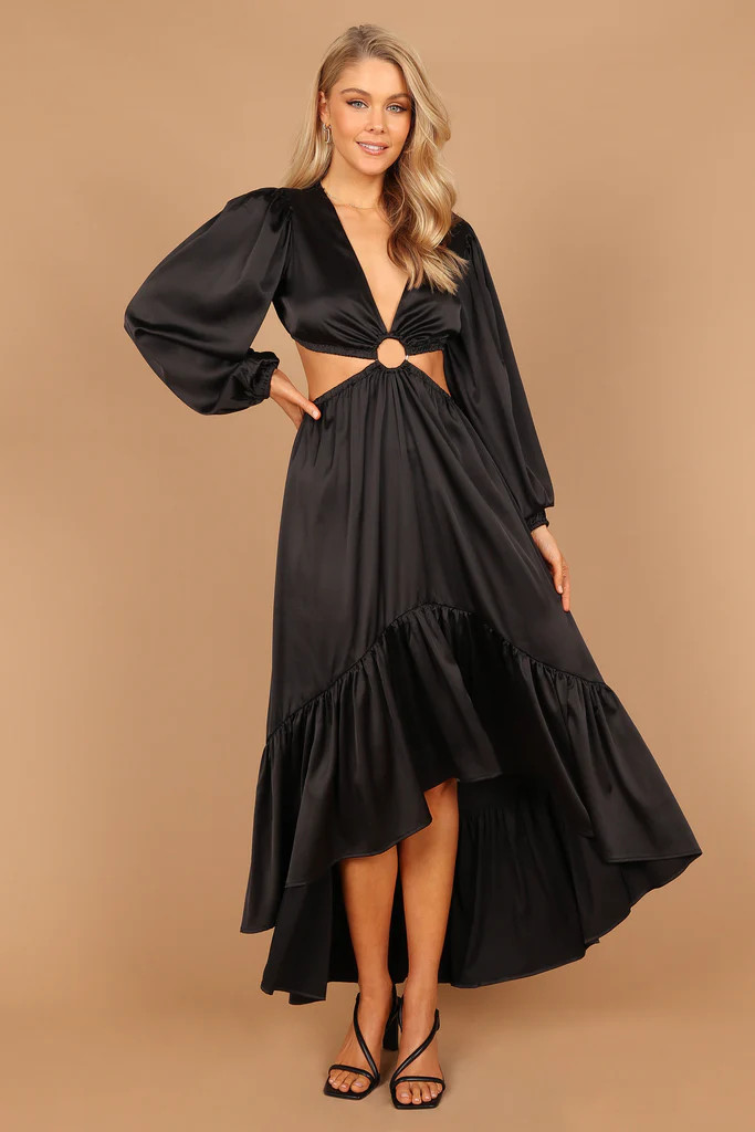 Minnow Satin Ruffle Tier O-Ring Cut Out Maxi Dress - Black | Petal & Pup (US)