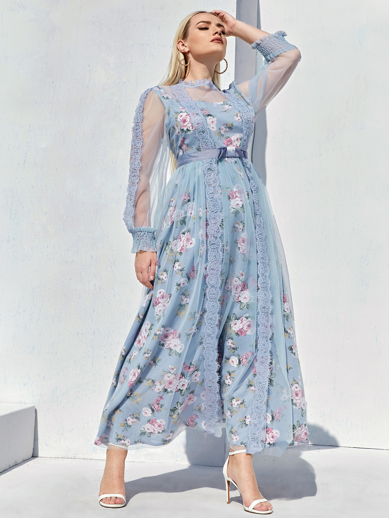 SHEIN Plus Lace Detail Sheer Mesh Overlay Floral Print Dress | SHEIN