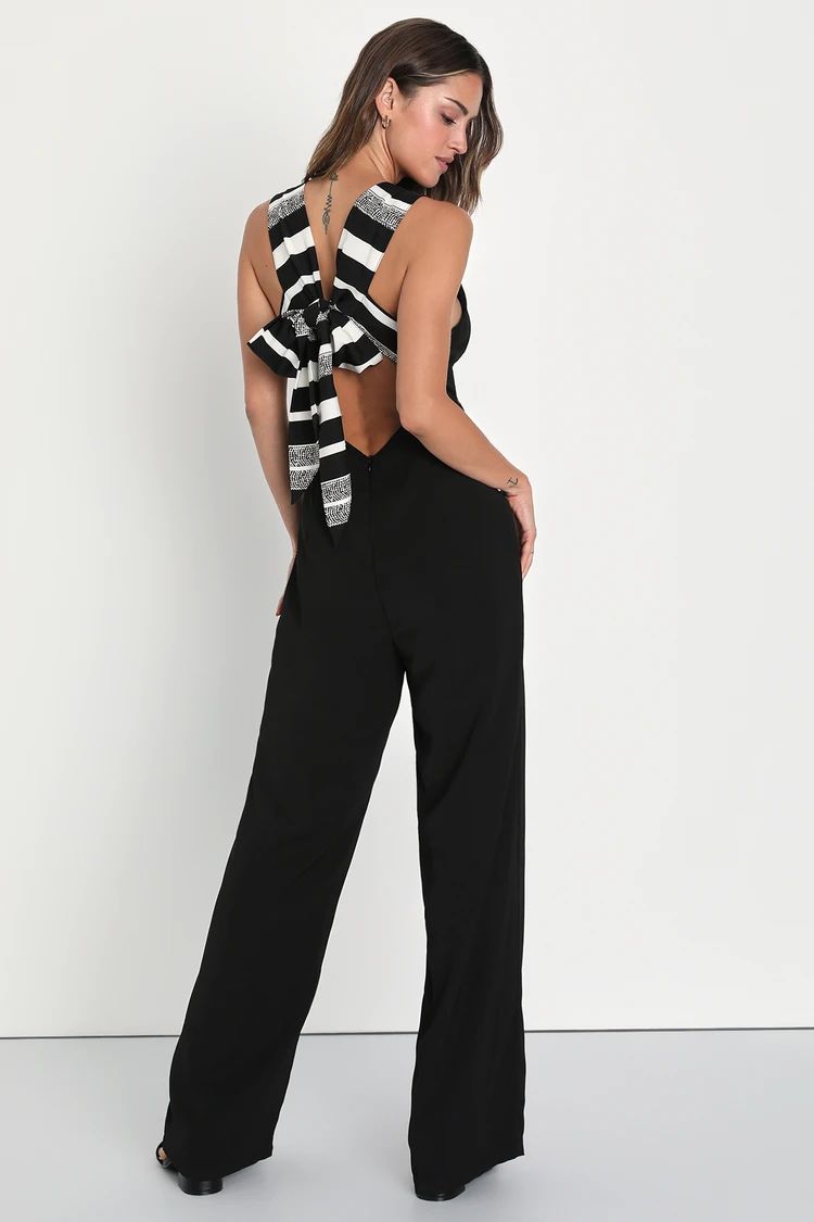 Joyful Black Stripe Tie-Back Straight Leg Jumpsuit | Lulus (US)