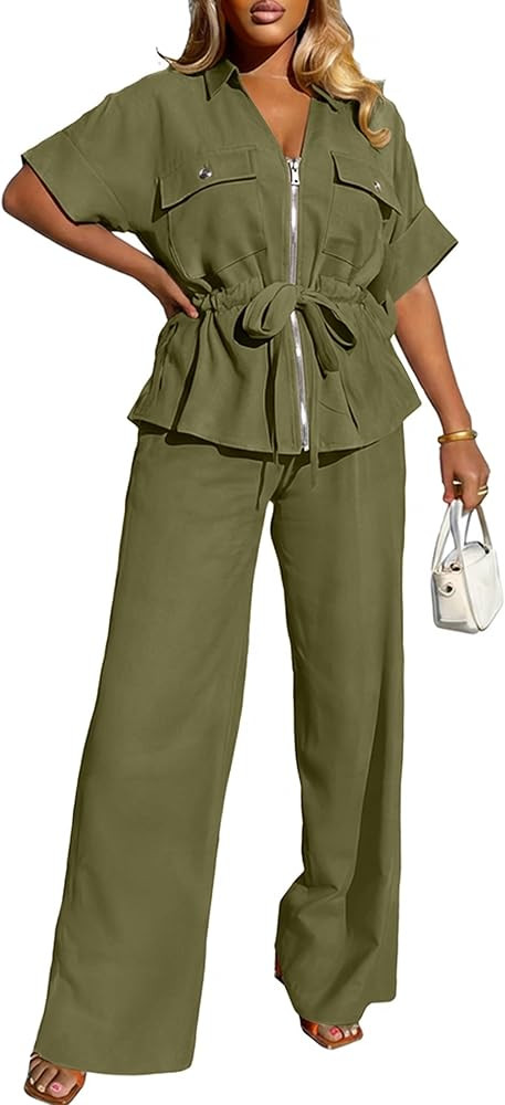 Neweek Women's 2 Piece Sets V Neck Short Sleeve Zipper Drawstring Waist Safari Shirts Wide Leg Pa... | Amazon (US)