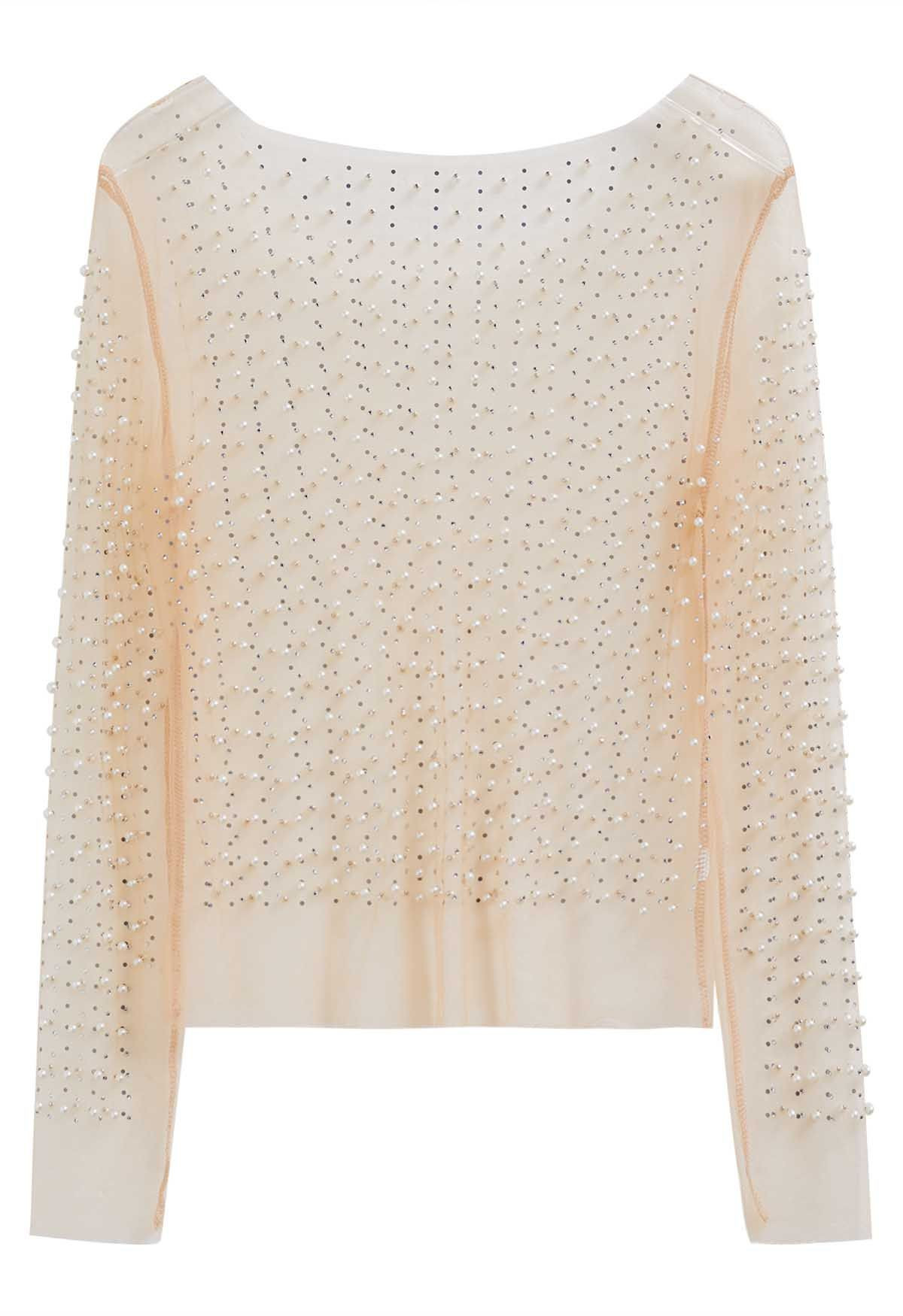 Full Pearl Embellished Sheer Mesh Top in Tan | Chicwish