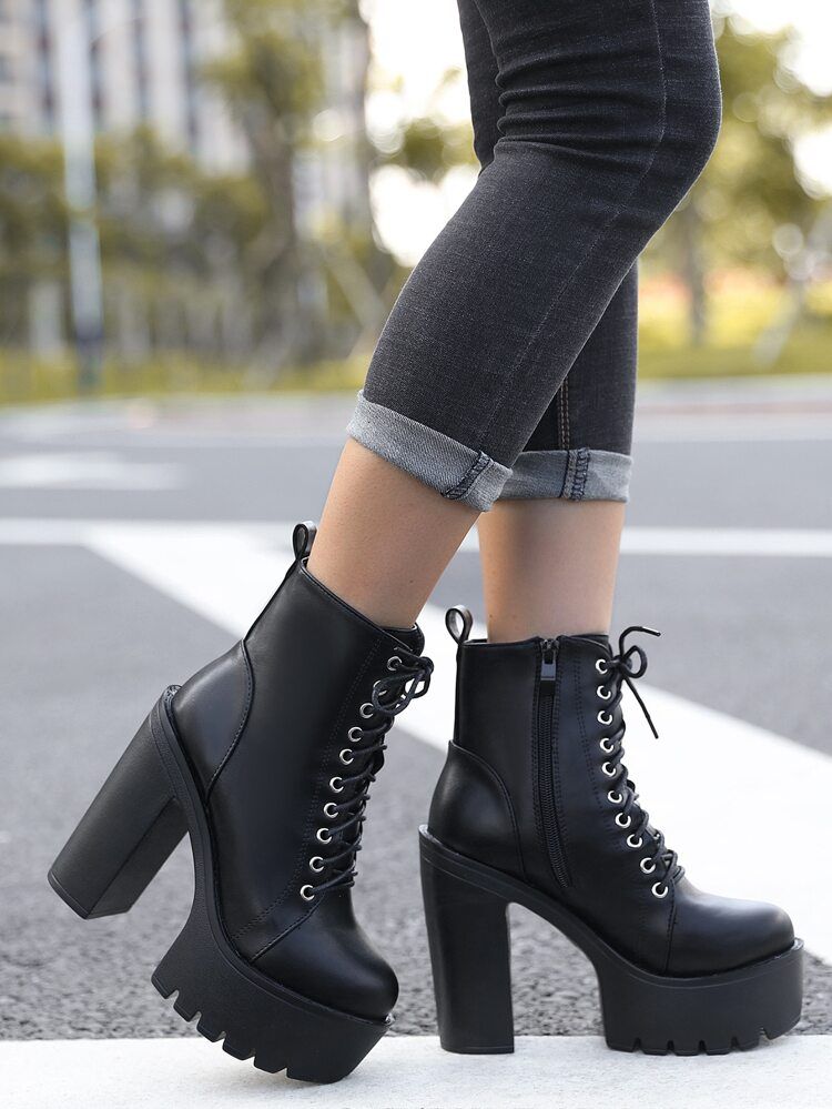 Side Zip Platform Lace-up Front Classic Boots | SHEIN