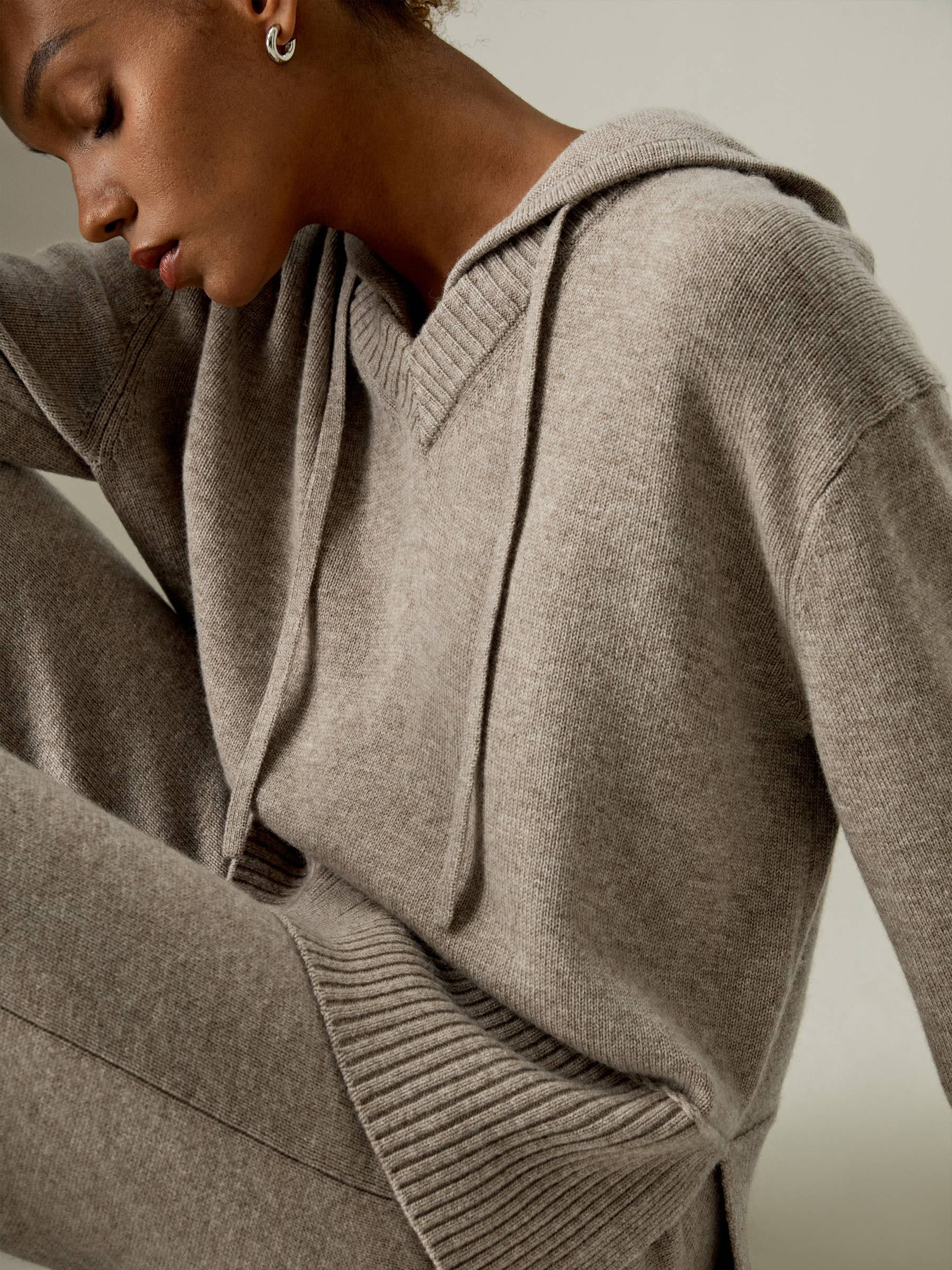 V Neck Wool-Cashmere Blend Hoodie | LilySilk