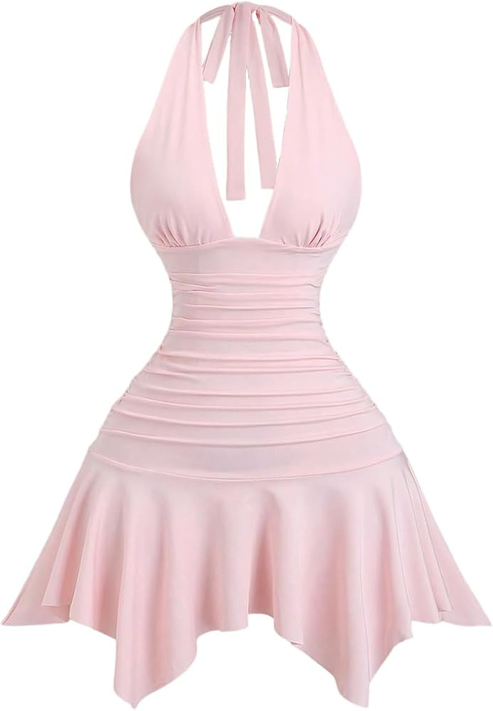 WDIRARA Women's Deep V Neck Halter Mini Dress Ruched Backless Ruffle Hem A Line Short Dresses | Amazon (US)