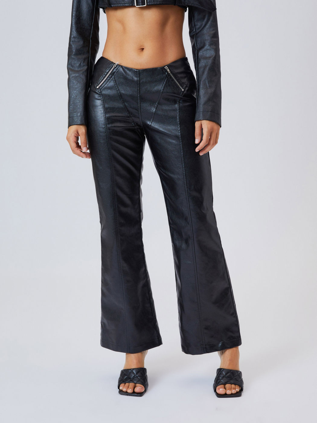 Faux Leather Low Waist Zipper Flares | Cider
