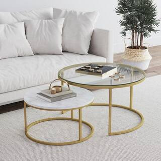 Nathan James Stella 2-Piece 32 in. Faux Marble and Tempered Glass Round Gold Metal Frame Coffee Tabl | The Home Depot