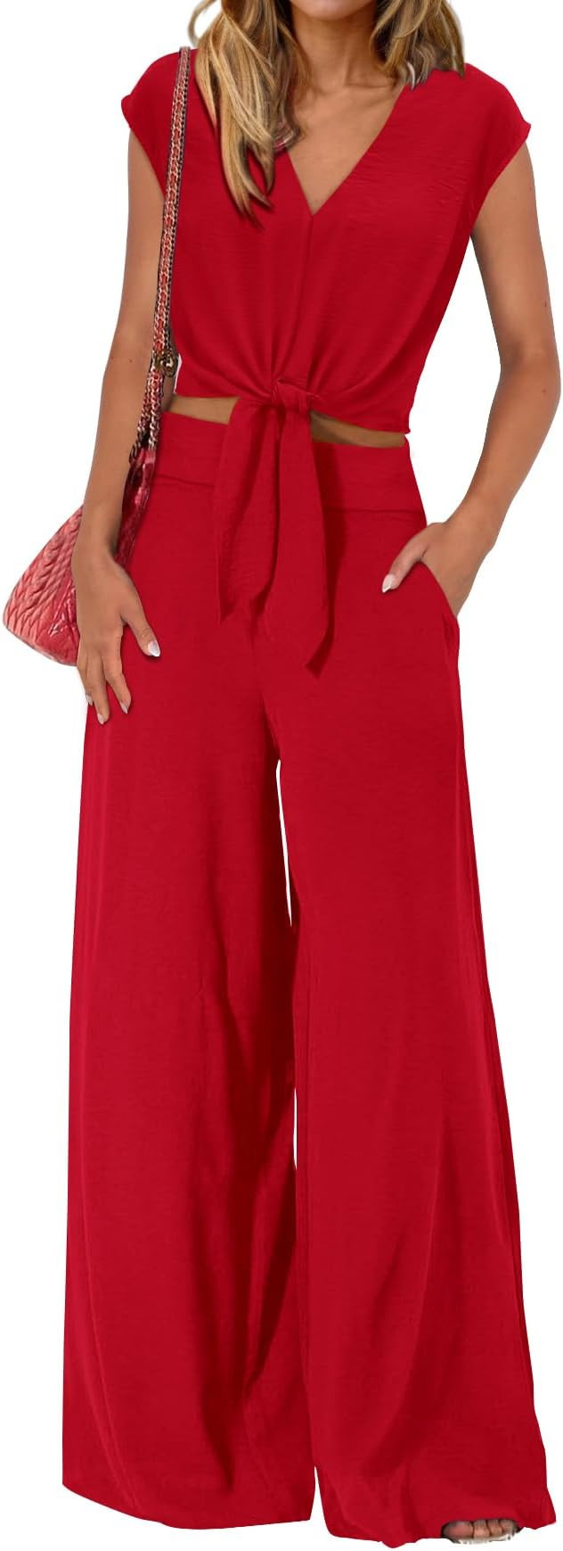 dowerme Women's Summer 2 Piece Outfits Cap Sleeve Strappy Crop Top Wide Leg Pant Sets Casual Trac... | Amazon (US)