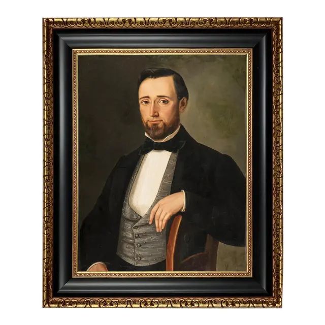 Early Victorian Gentleman Framed Oil Painting Print on Canvas, Black and Antiqued Gold Frame | Chairish