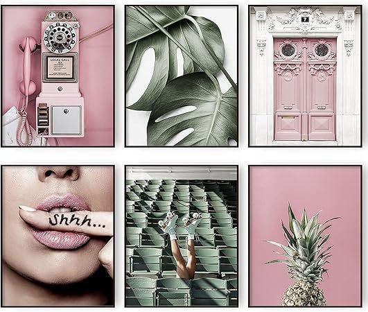 Modern Minimalist Pink Women Lips Pineapple Wall Art Prints Set of 6 Plant Green leaf Fashion Can... | Amazon (US)