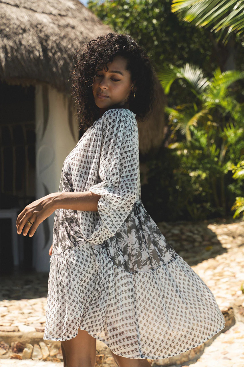 Nora Mini Dress ~ Noir | Artisan Hand Crafted Block Print Dress | Daughters of India