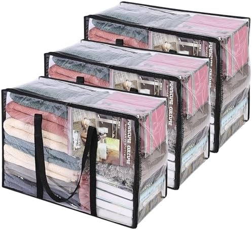 Vieshful 3 Pack Clear Clothes Storage Bag, 40L Plastic Blanket Storage Bag with Zipper, Foldable ... | Amazon (US)