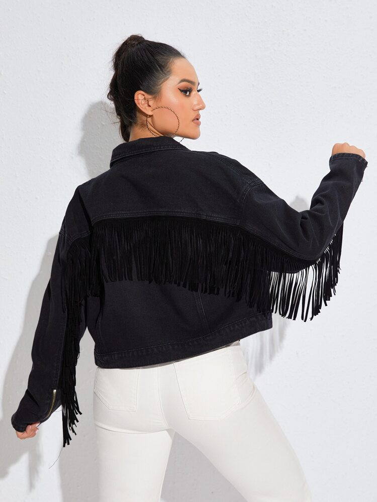 Flap Pocket Fringe Trim Denim Jacket | SHEIN