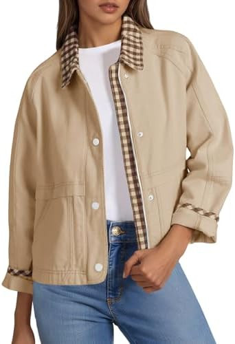 Tankaneo Womens Cropped Jacket Lightweight Casual Zip Up Barn Jackets Fall Contrast Plaid Outerwe... | Amazon (US)