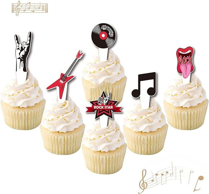 Rock and Roll Cupcake Topper Musical Themed Guitar Cake Topper, Guitar, Note, Rock Music Elements... | Amazon (US)