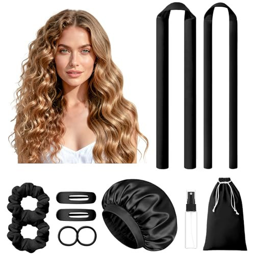 LitBear Heatless Curls Overnight, 2 Sizes of Soft Hair Rollers for Women with Bonnet to Sleep In, No Heat Hair Curlers Set with Scrunchies and Clips, for Long and Medium Hair (Black) | Amazon (US)