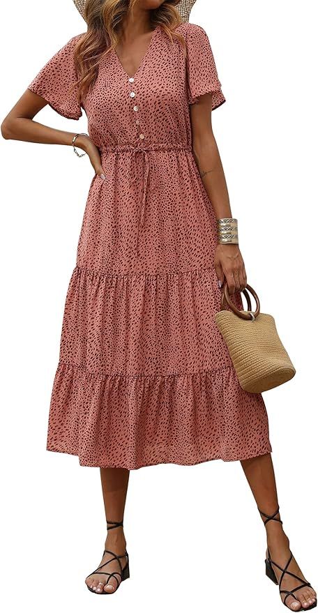 PRETTYGARDEN Women's Floral Boho Dress Casual Short Sleeve V Neck Ruffle Tiered 2023 Summer Swing... | Amazon (US)