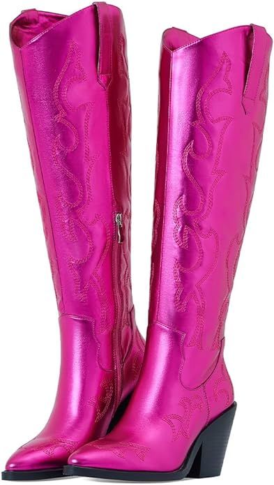 Erocalli Cowboy Boots for Women Cowgirl Knee High Boots Metallic Pull On Almond Toe Boots Embroid... | Amazon (US)