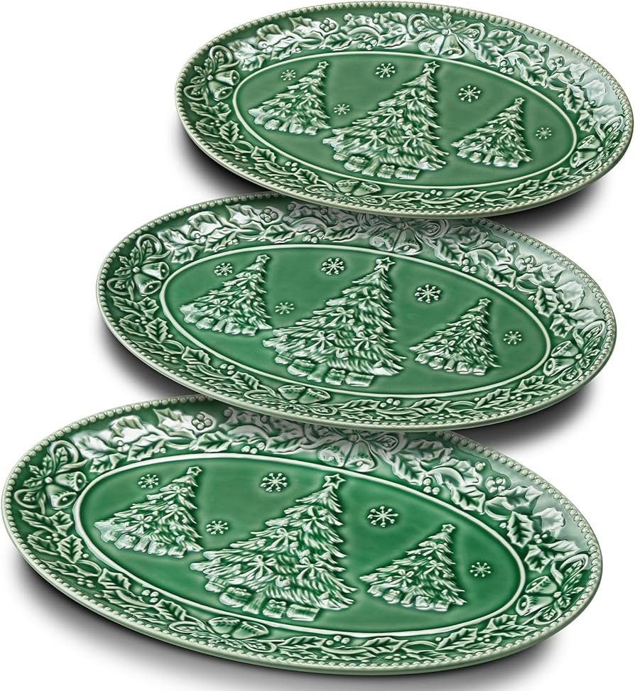 Christmas Tree Serving Platters, 14.5"/ 12.5"/11" Ceramic Oval Serving Trays, Green Serving Plate... | Amazon (US)