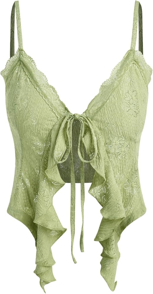 CIDER Going Out Tops for Women Y2K Tie Front Asymmetrical Ruffle Hem Lace Spaghetti Strap Cowgirl... | Amazon (US)