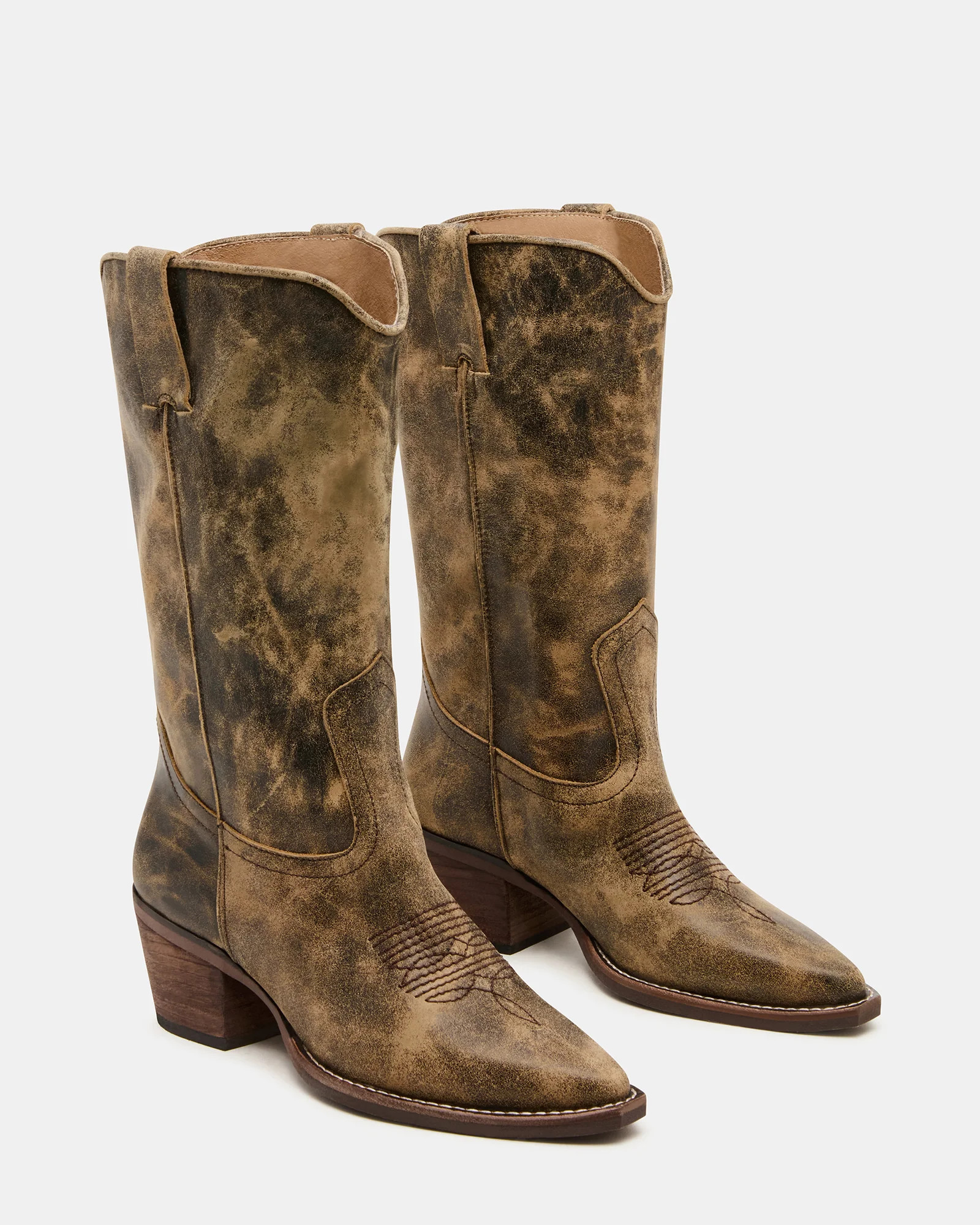 ALBANY Brown Distressed Wide Calf Pointed-Toe Women's Western Boot | Steve Madden (US)