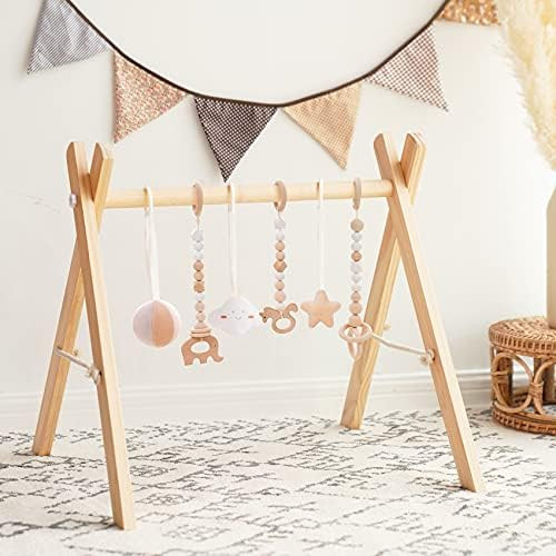 Amazon.com : Wooden Baby Gym with 6 Gym Toys, Foldable Baby Play Gym, Wooden Frame Activity Cente... | Amazon (US)