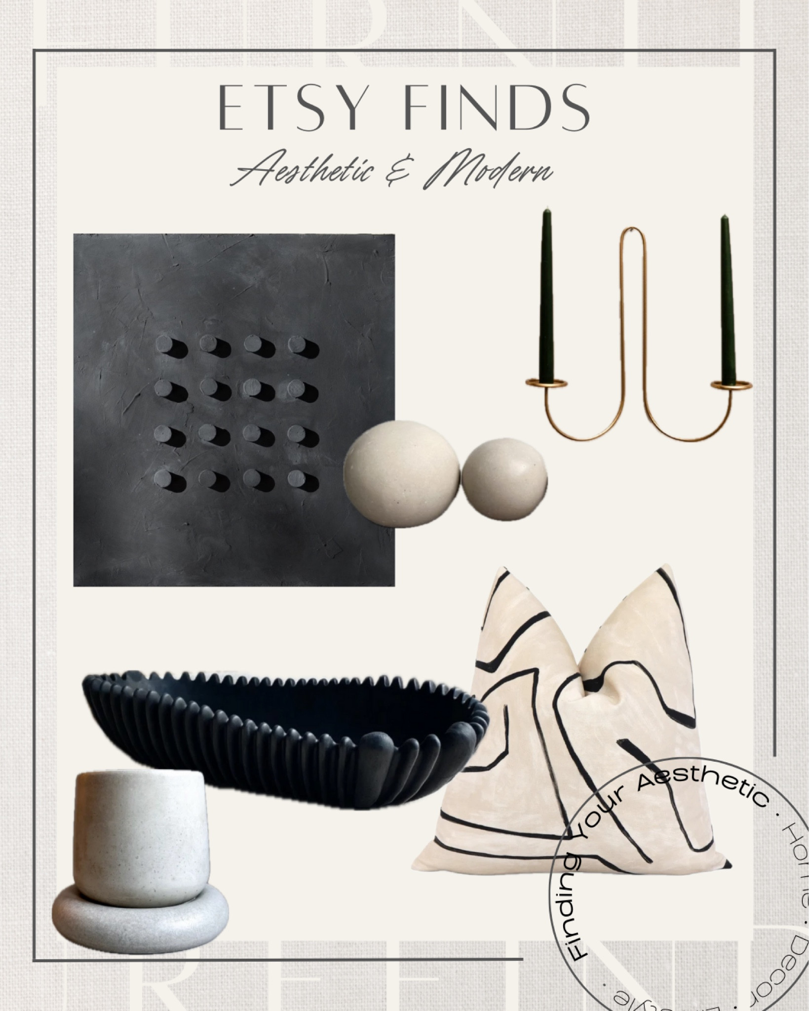 Aesthetic and modern home decor finds from Etsy that are budget friendly 

Modern wall art // Japandi art // textured art // modern throw pillow // decorative bowl // ruffled bowl // concrete planter // taper candle holder // cement spheres 

#LTKHome
